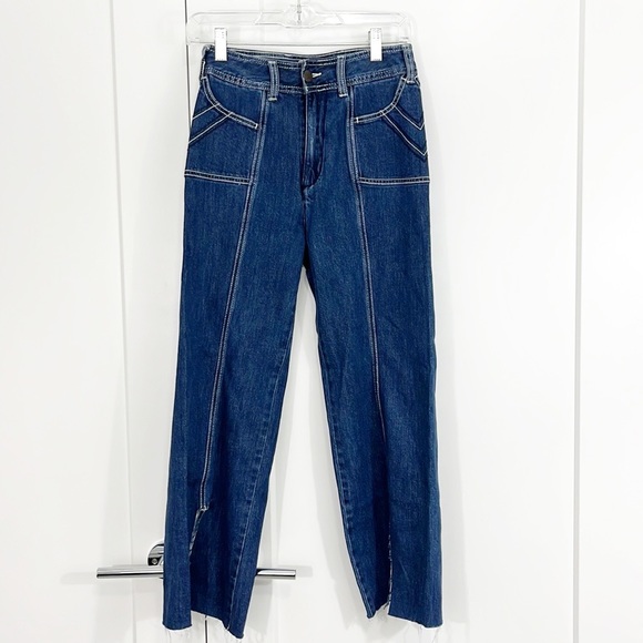 Free People Size 25 Blue Split Hem Straight Jeans with Contrasting Stitching - Picture 1 of 12